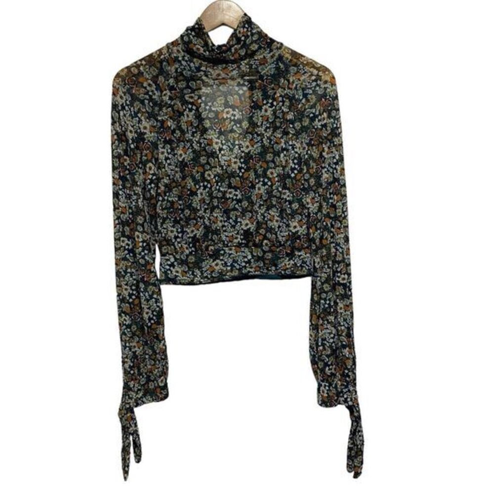 Free People Blouse Womens S Green Floral All‎ Dolled Up Sheer Tie Sleeve Cropped